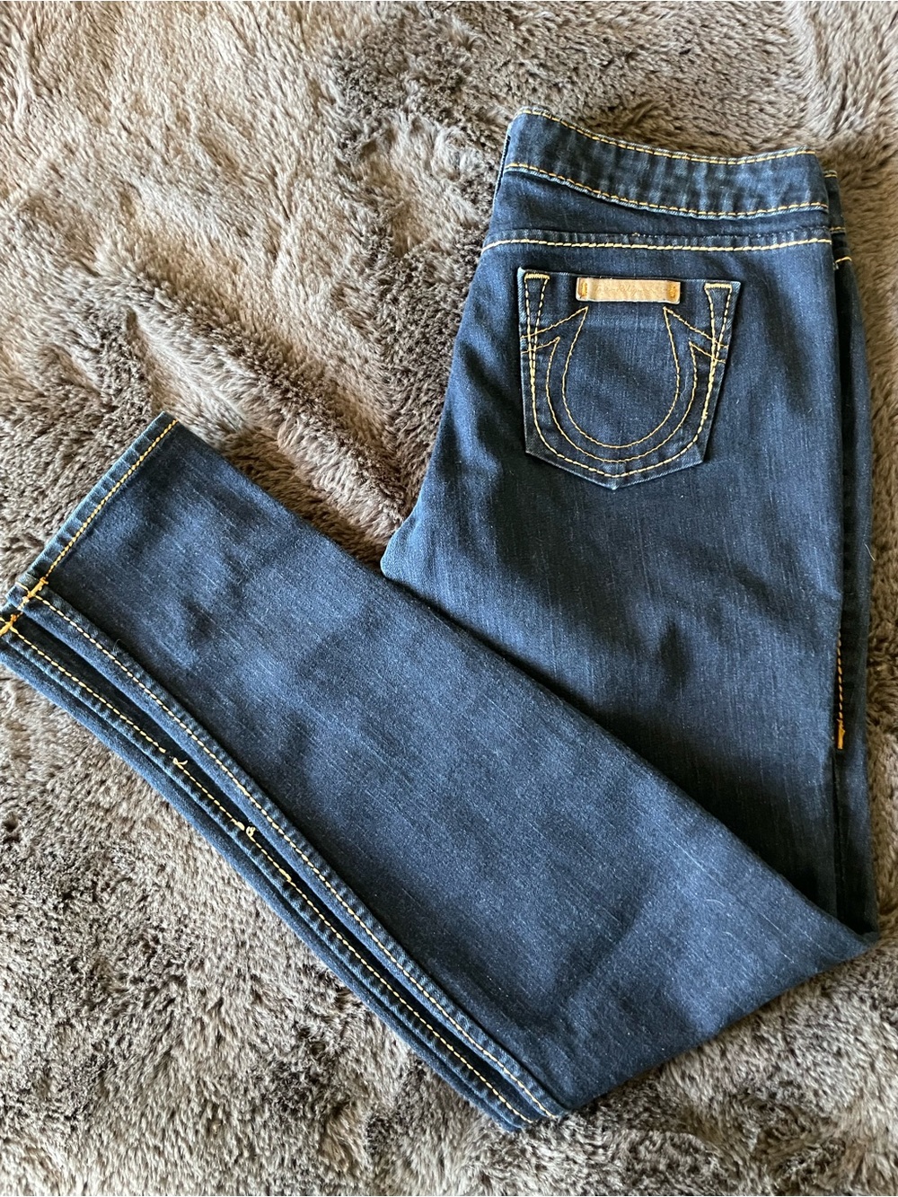 True Religion Women's Skinny Jeans in Dark Indigo with Yellow Stitching